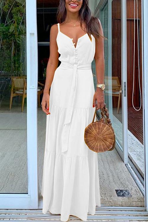 Veleaee Button Belted Slip Maxi Dress