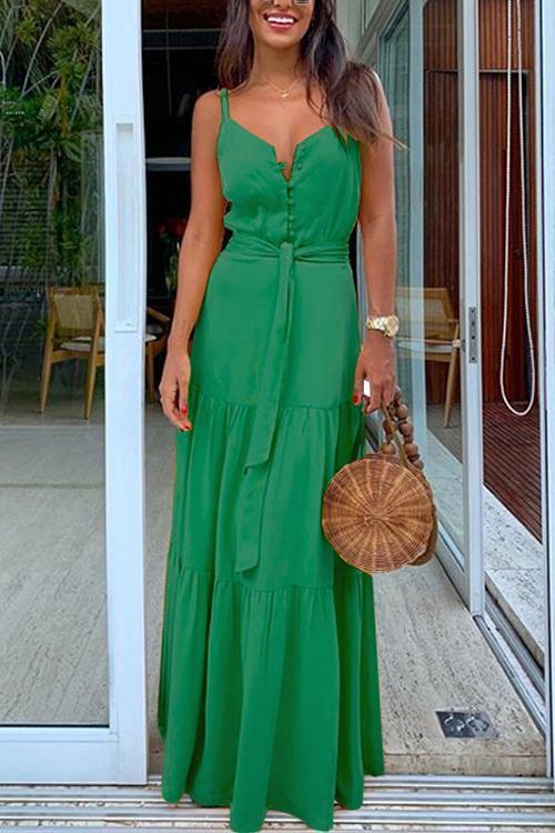 Veleaee Button Belted Slip Maxi Dress