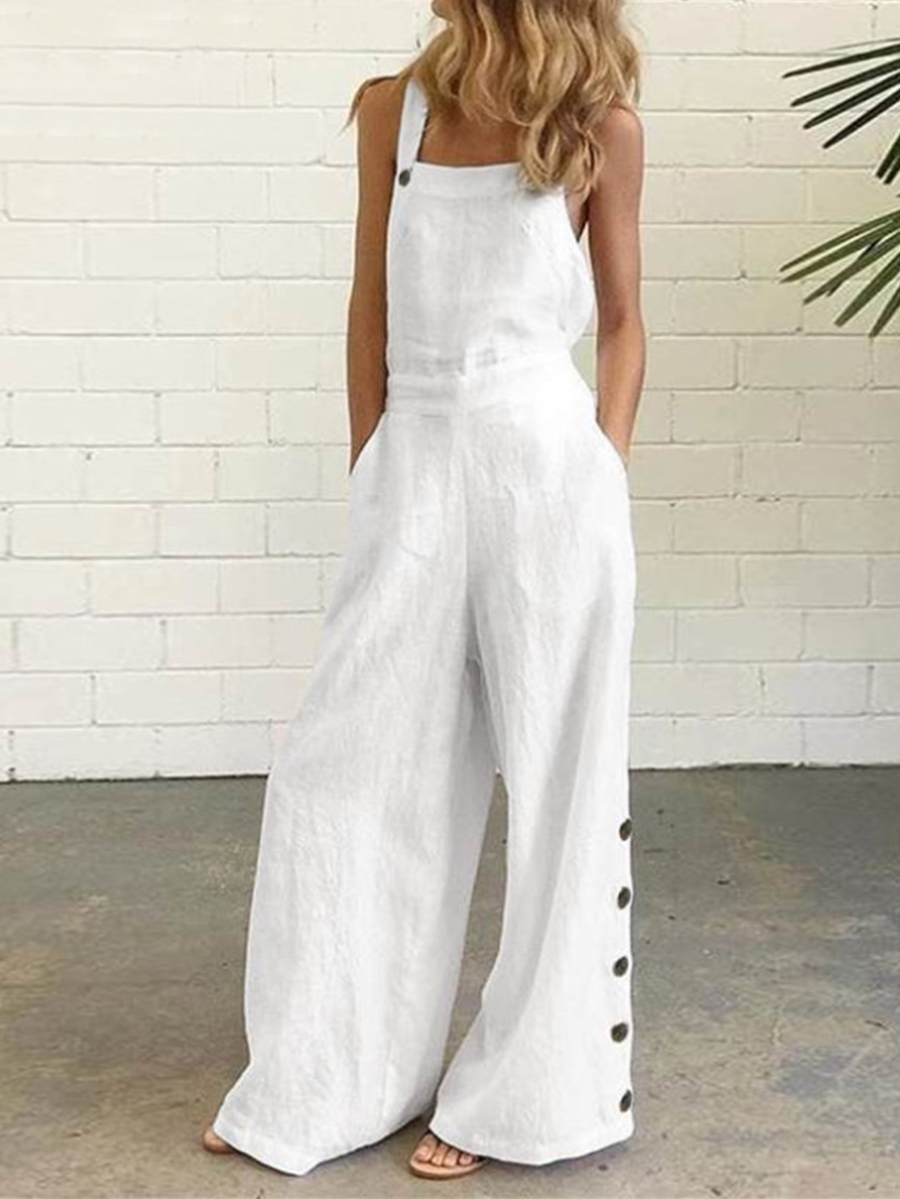 Veleaee Casual Solid Buckle Square Collar Regular Jumpsuits(5 Colors)