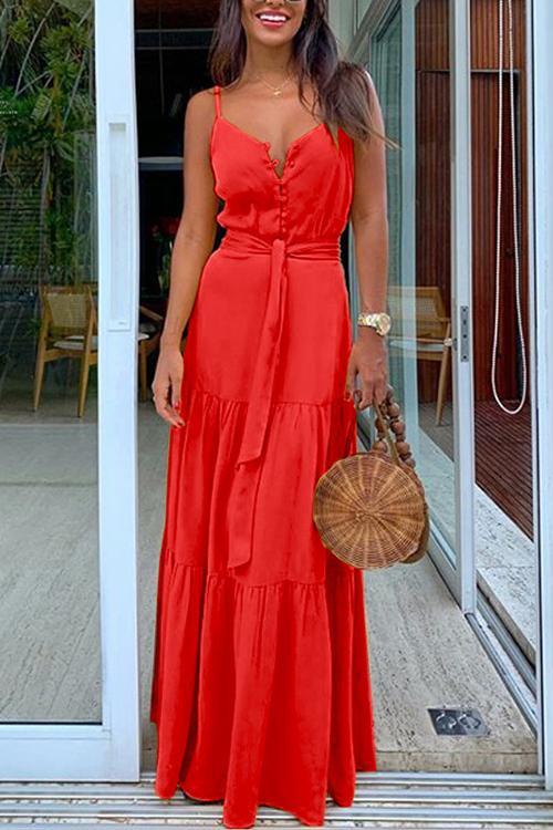 Veleaee Button Belted Slip Maxi Dress