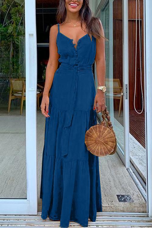 Veleaee Button Belted Slip Maxi Dress