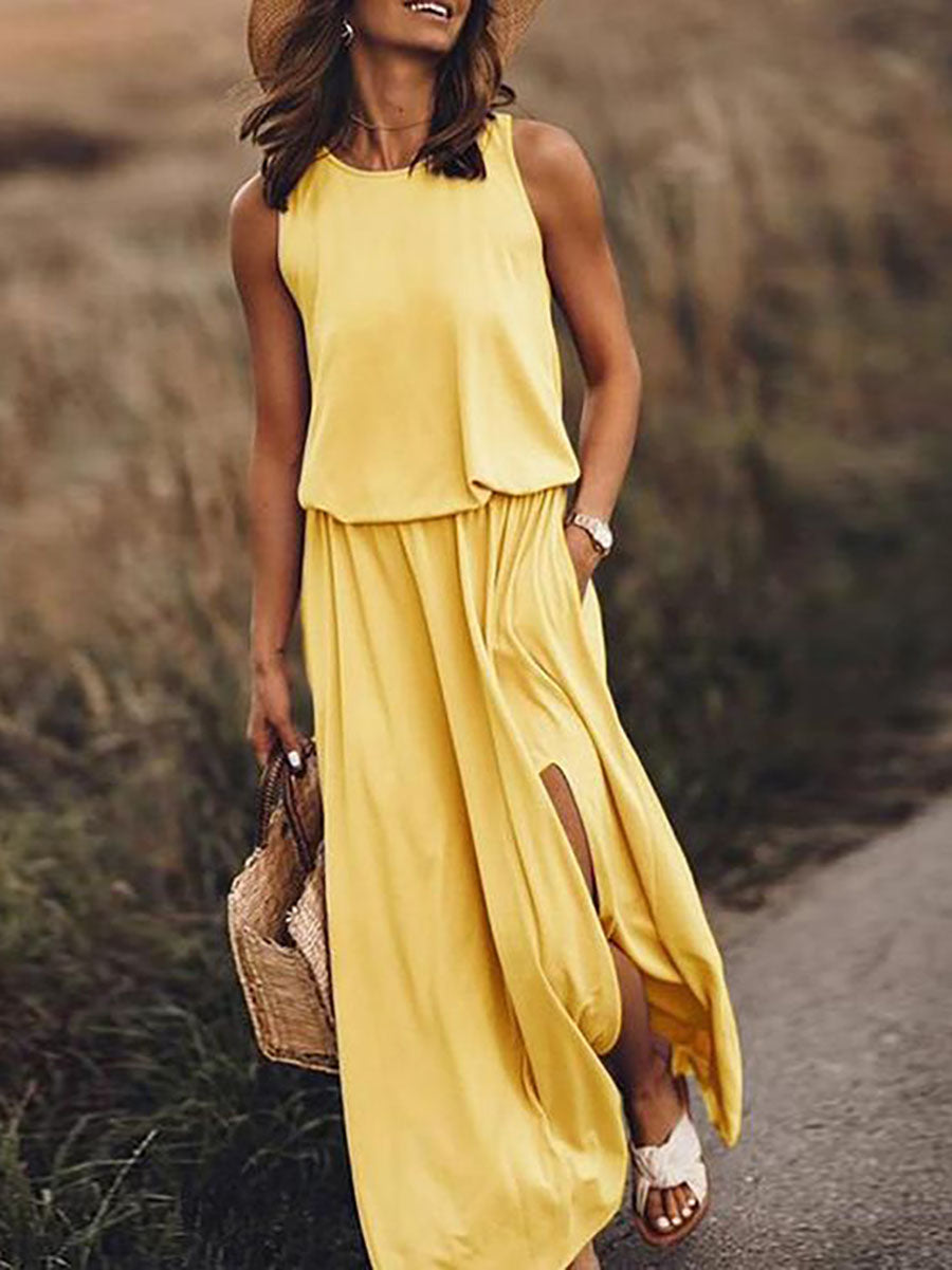 Veleaee Pockets O Neck Sleeveless Slit Maxi Dress