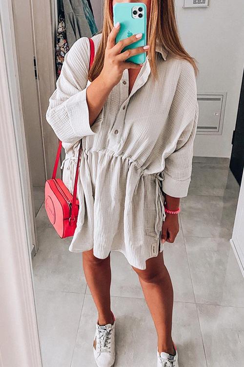 Veleaee Button Pockets Drawstring Waist Dress