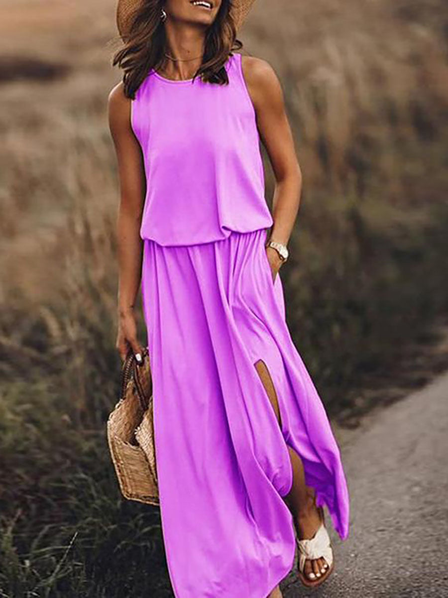Veleaee Pockets O Neck Sleeveless Slit Maxi Dress