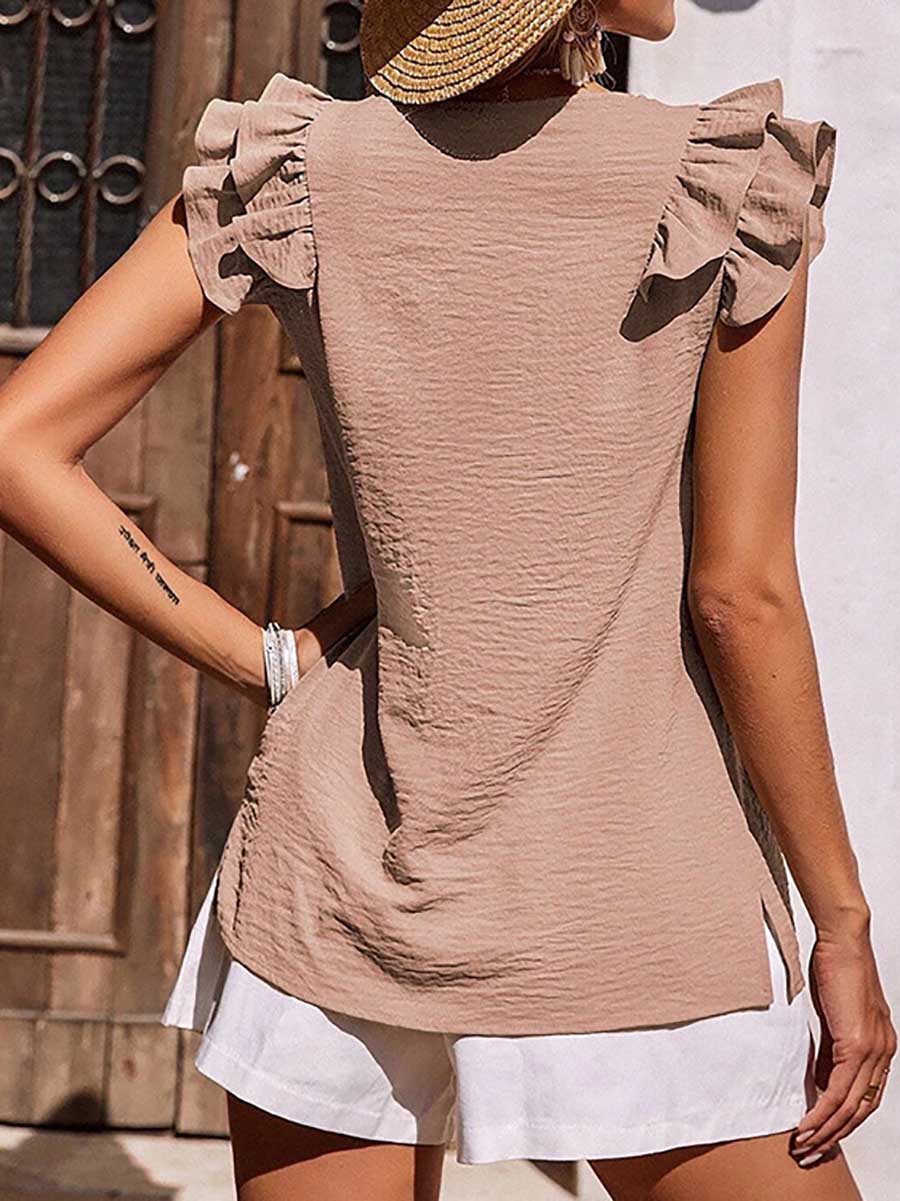Veleaee Casual V-Neck Ruffle Sleeveless Shirt (5 Colors)