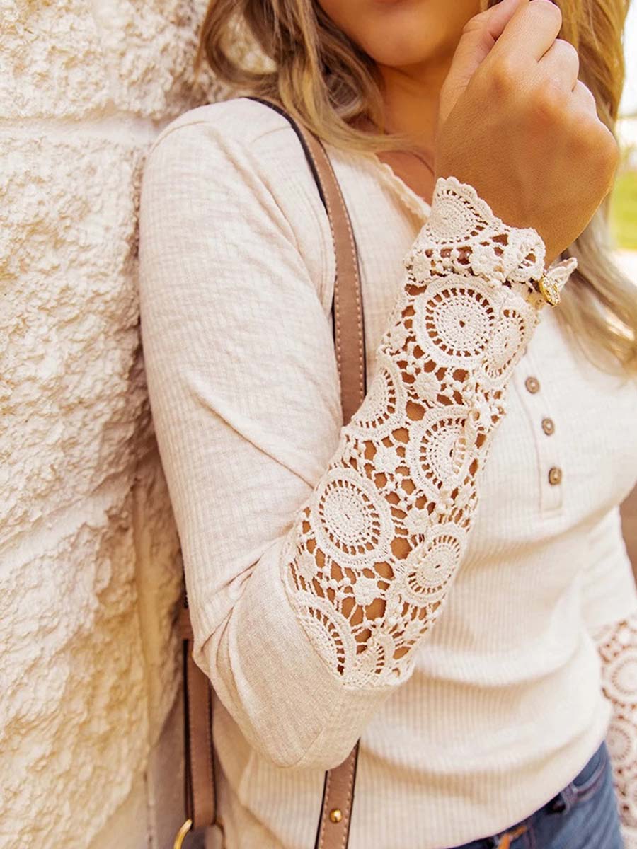 Veleaee Round Neck Stitching Lace Long Sleeve T-Shirt(14 colors)