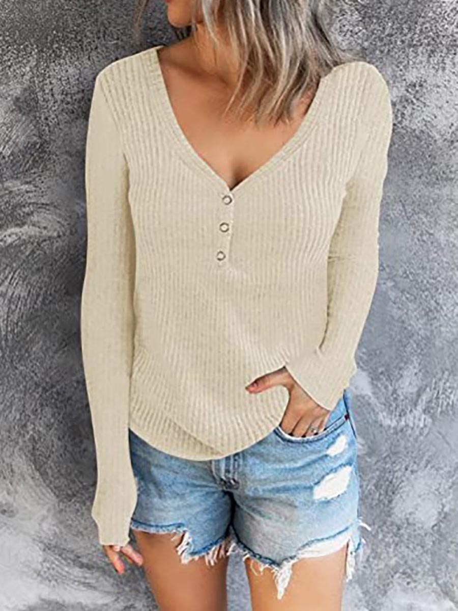 Veleaee Solid Color V-Neck Long-Sleeved T-Shirt