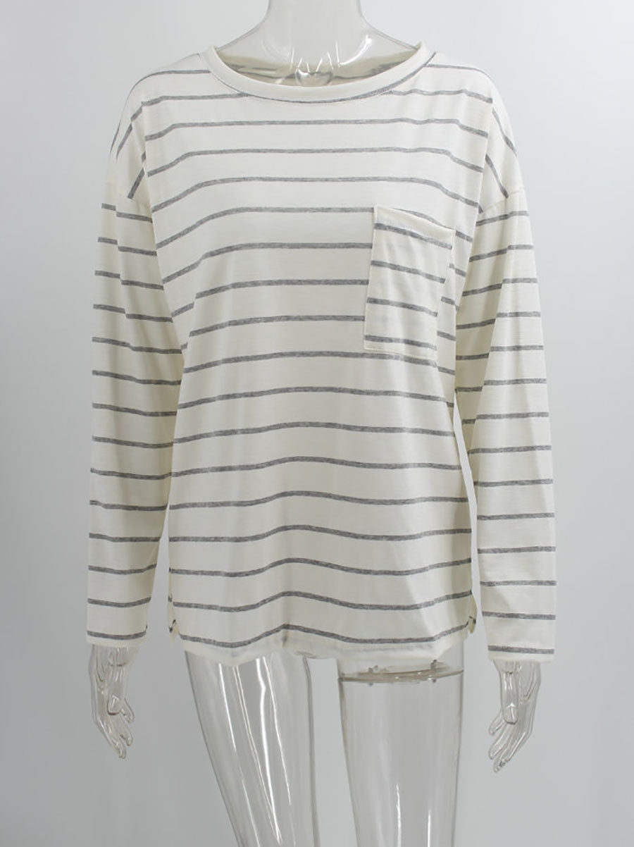 Veleaee Striped Long Sleeve T-shirt With Pocket