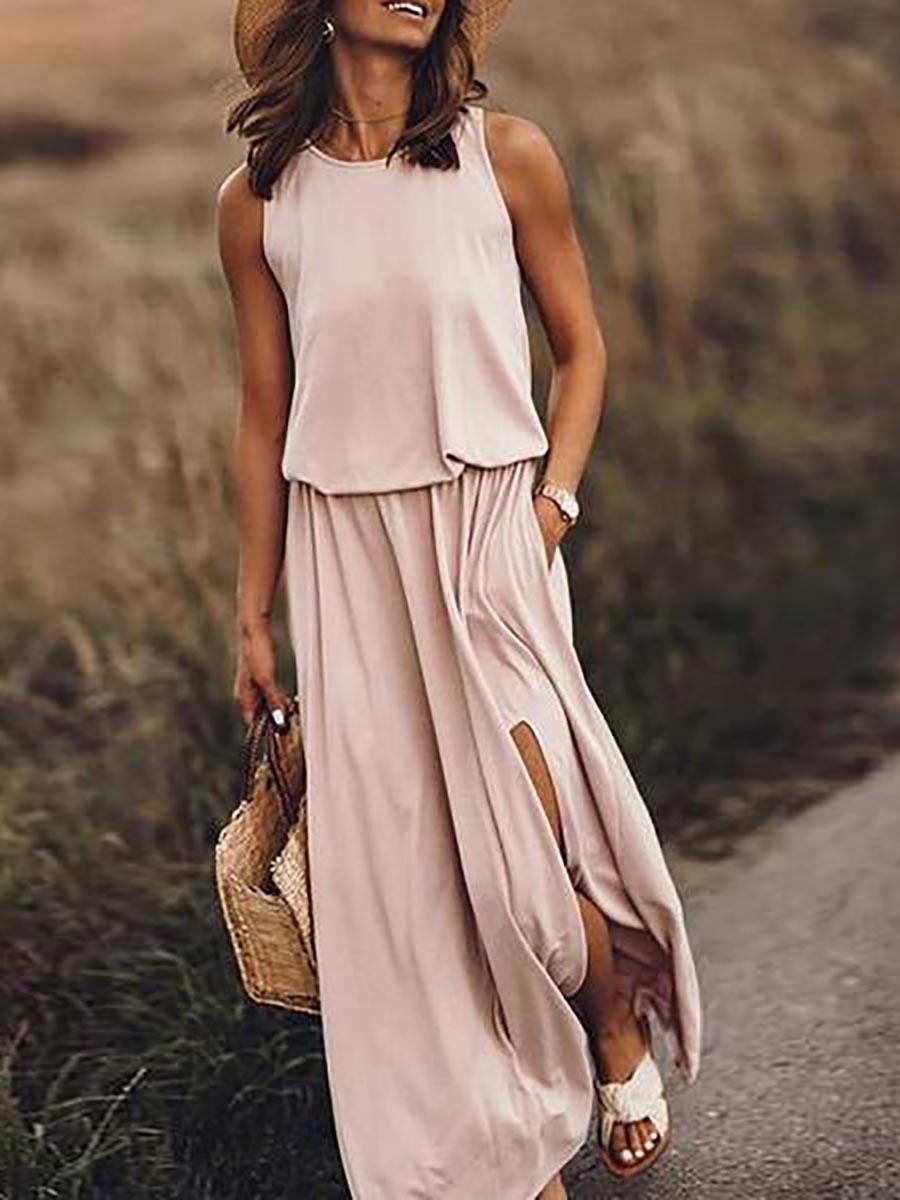 Veleaee Pockets O Neck Sleeveless Slit Maxi Dress