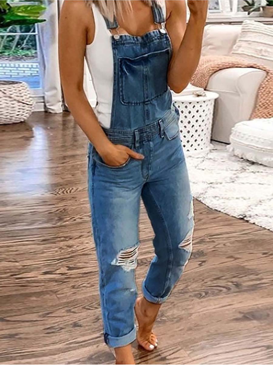 Veleaee Plain Denim Ripped Jumpsuit