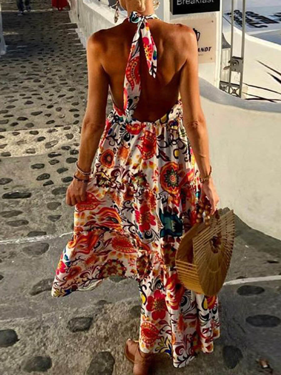 Veleaee Sexy Vacation Print Backless Printing Halter Beach Dresses