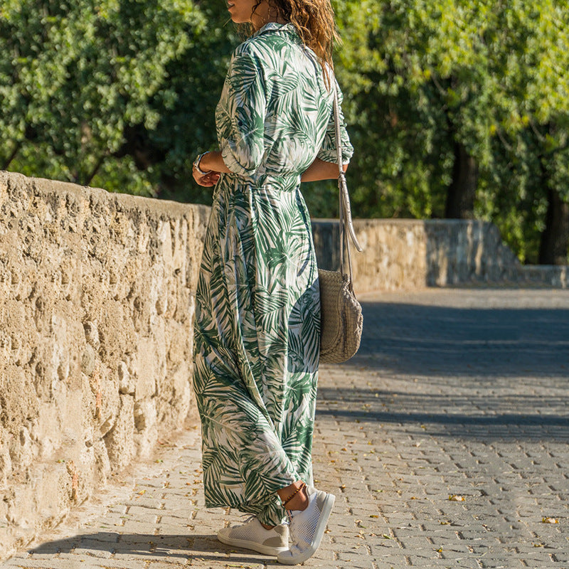 Veleaee Printed Lace-Up Loose Maxi dress