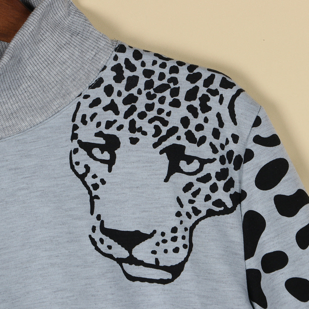 Veleaee Turtleneck Leopard Mini Dress