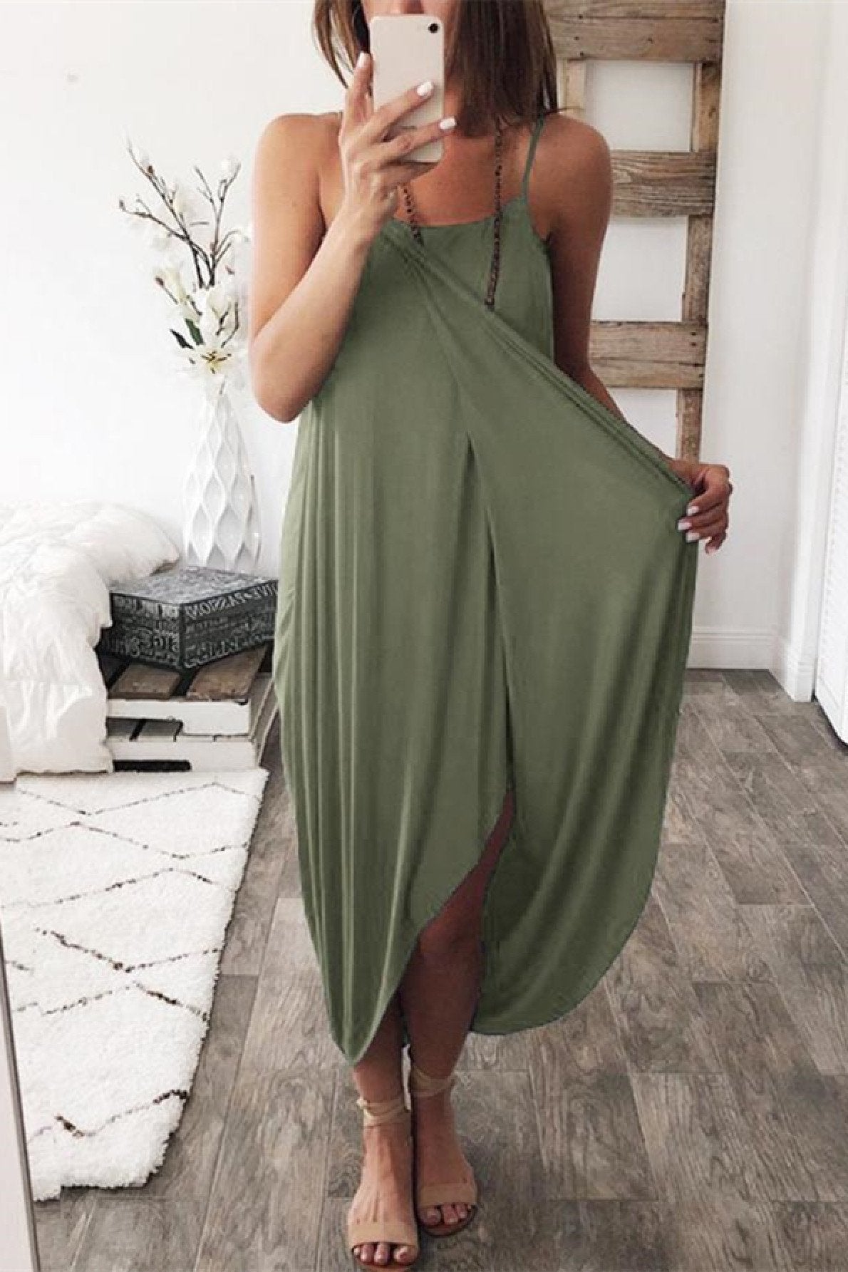 Veleaee Wrapped Split Solid Cami Beach Dress