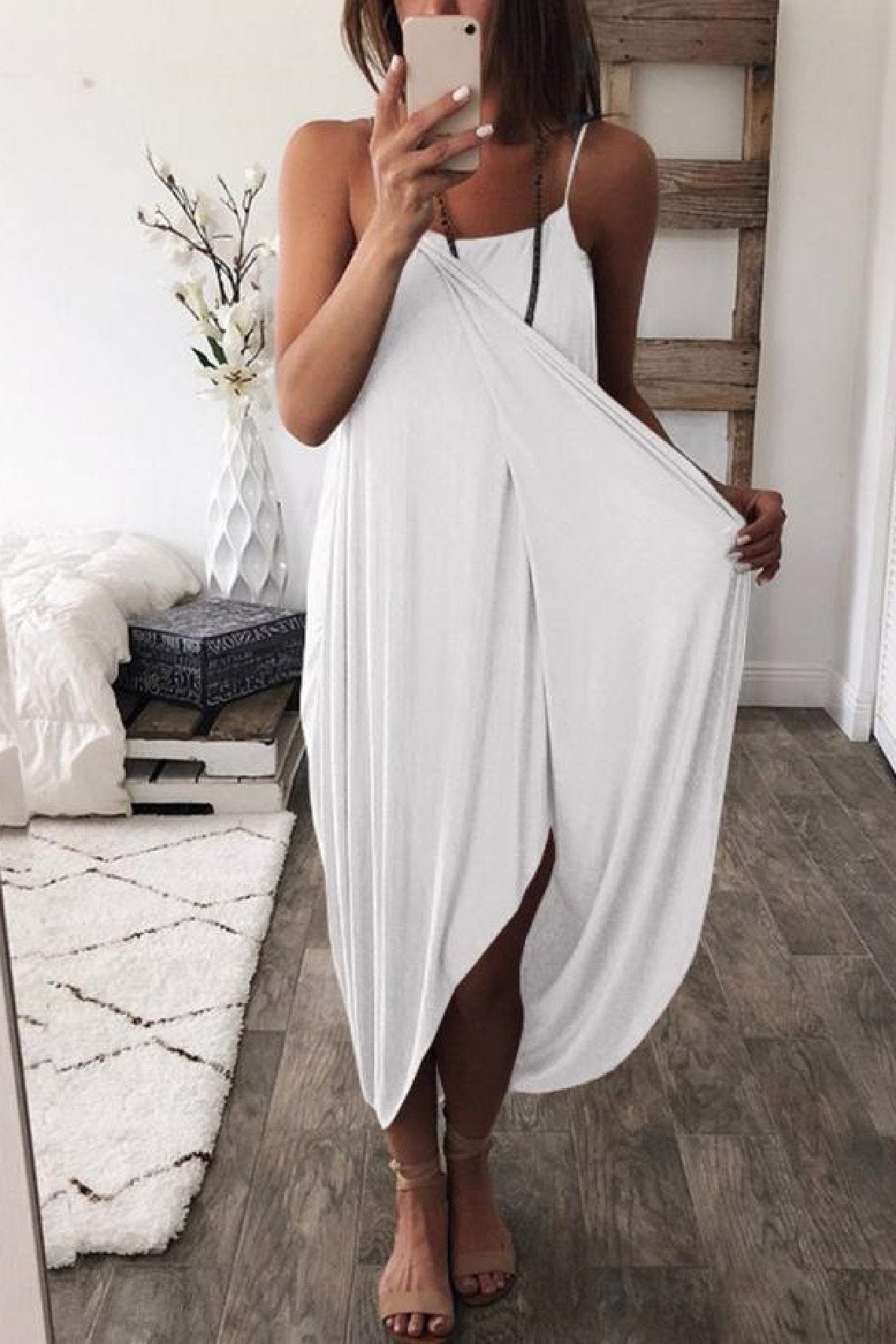 Veleaee Wrapped Split Solid Cami Beach Dress