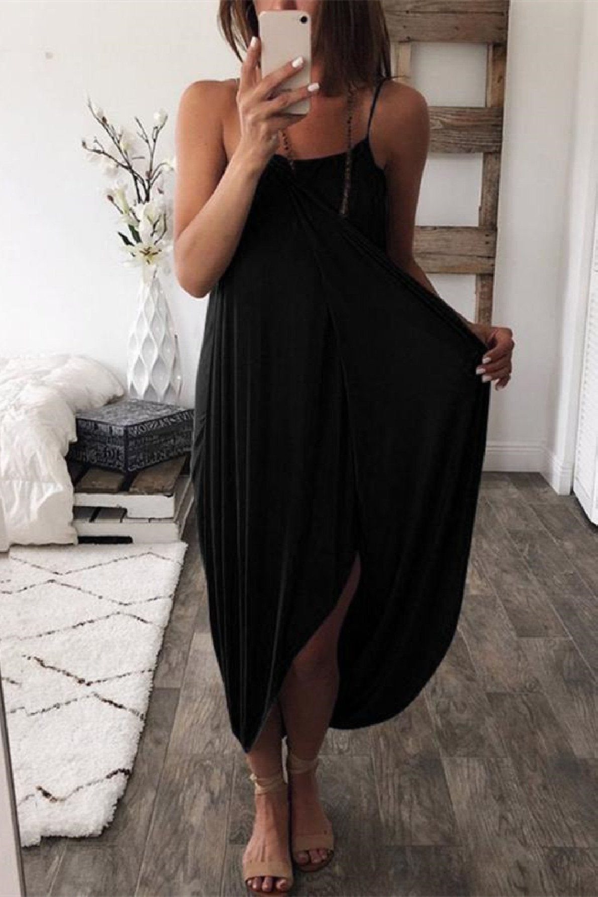 Veleaee Wrapped Split Solid Cami Beach Dress