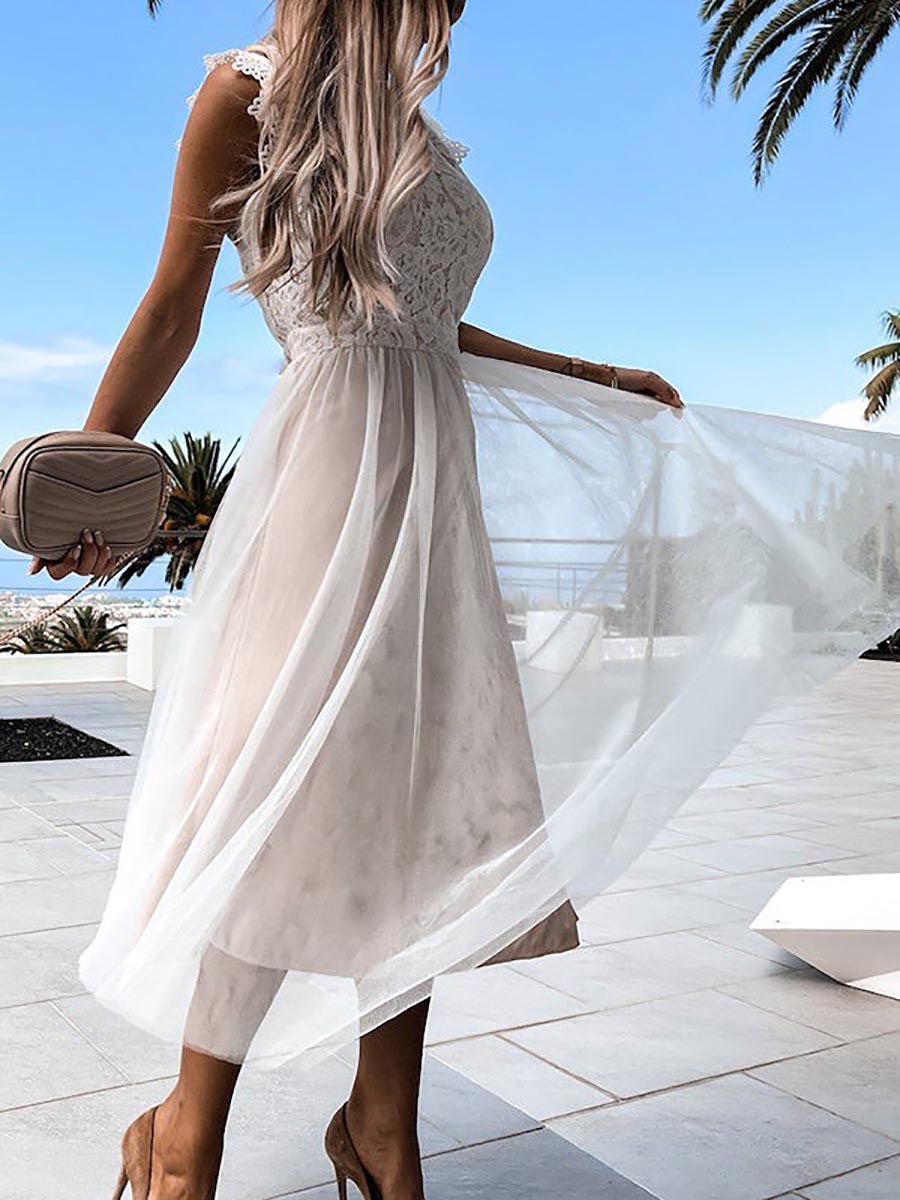 Veleaee Sweet Lace Midi Dress