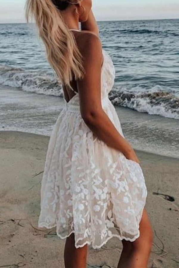 Veleaee V-Neck Lace Embroidered White Dress