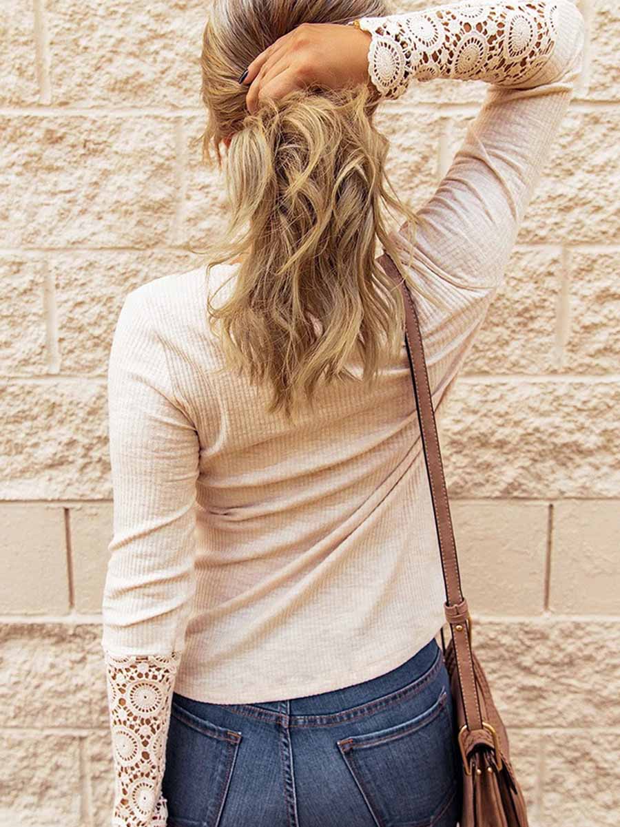 Veleaee Round Neck Stitching Lace Long Sleeve T-Shirt(14 colors)