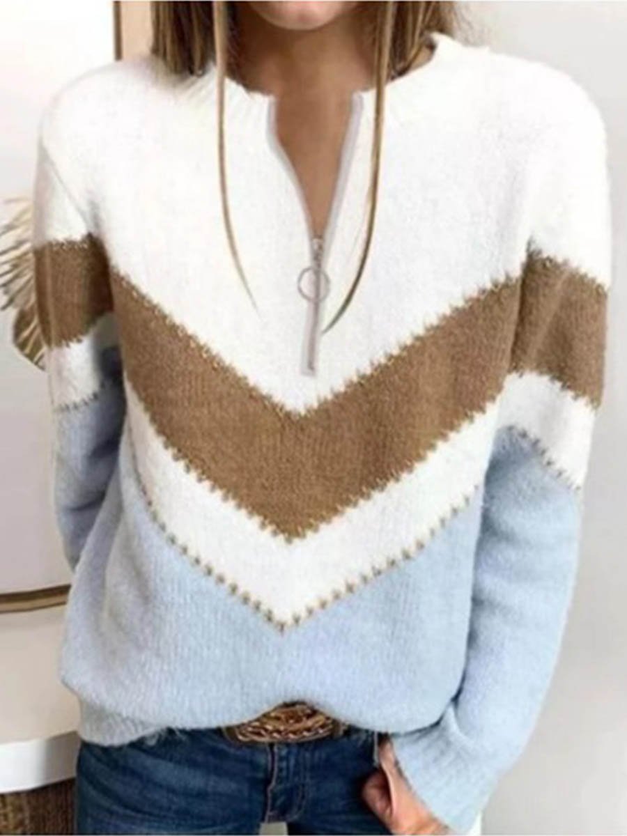 Veleaee  Zipper V-Neck Colorful Sweater