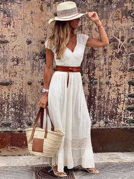 Veleaee Sexy V Neck Lace Maxi Dress