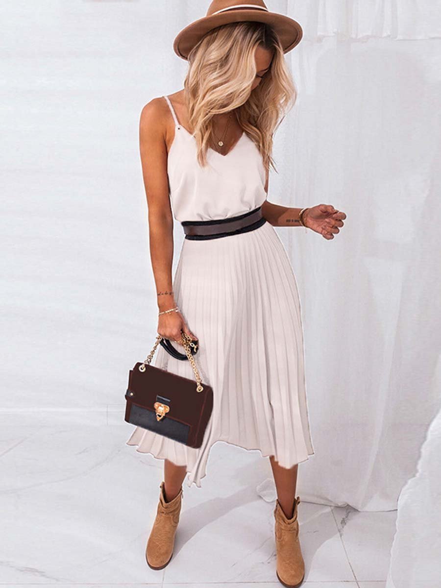 Veleaee Sexy V-Neck Pleated Dress