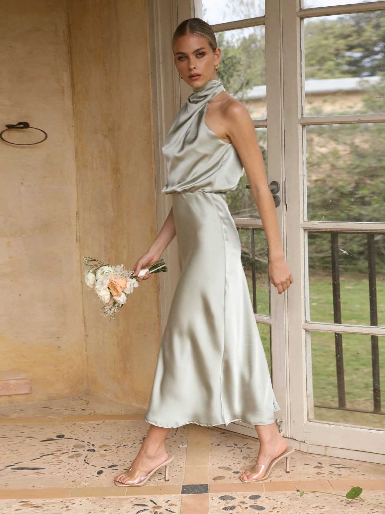 Veleaee Sleeveless Hanging Neck Solid Color Satin Dress(6 Colors)