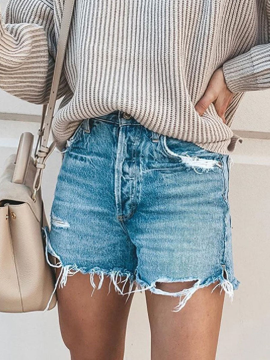 Veleaee Frayed Raw Hem Ripped Denim Shorts