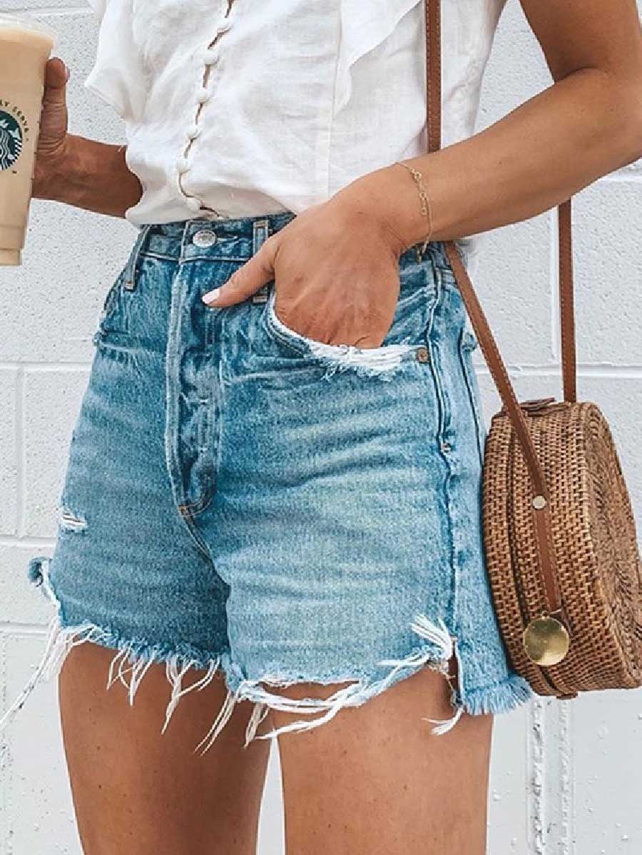 Veleaee Frayed Raw Hem Ripped Denim Shorts