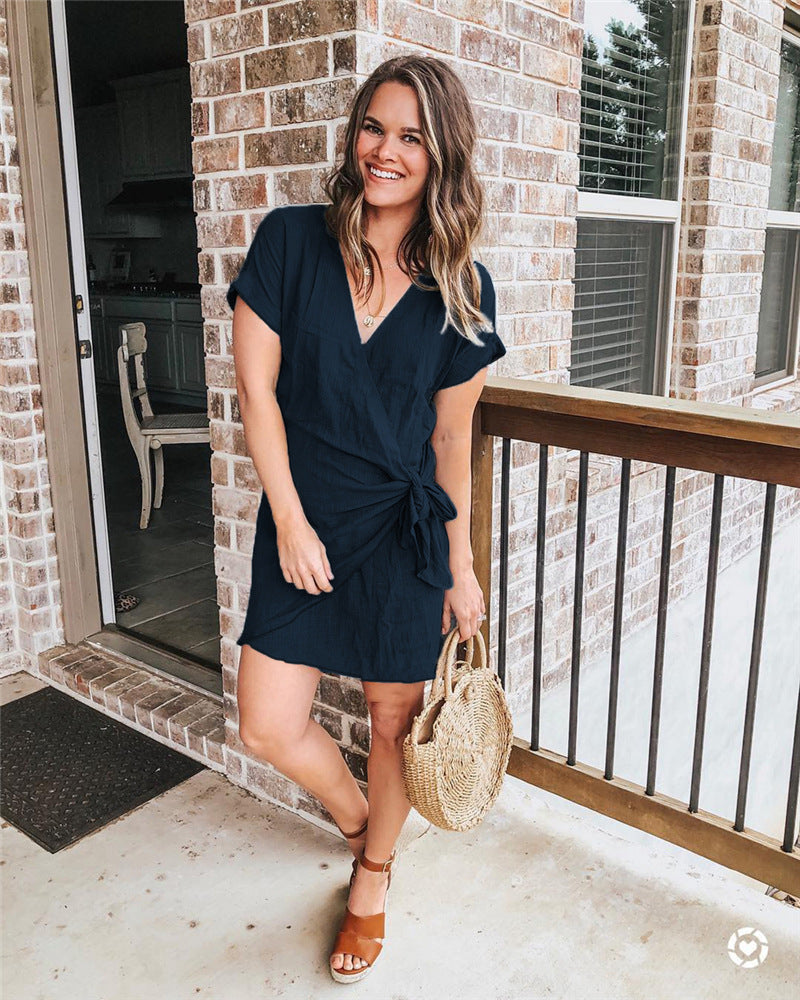 Veleaee Knot V Neck Short Sleeve Mini Dress