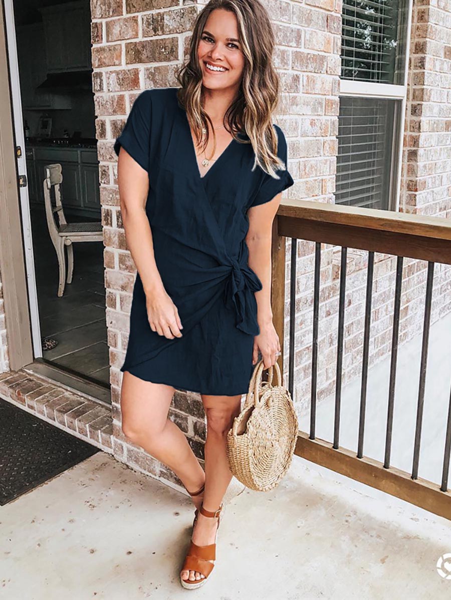 Veleaee Knot V Neck Short Sleeve Mini Dress