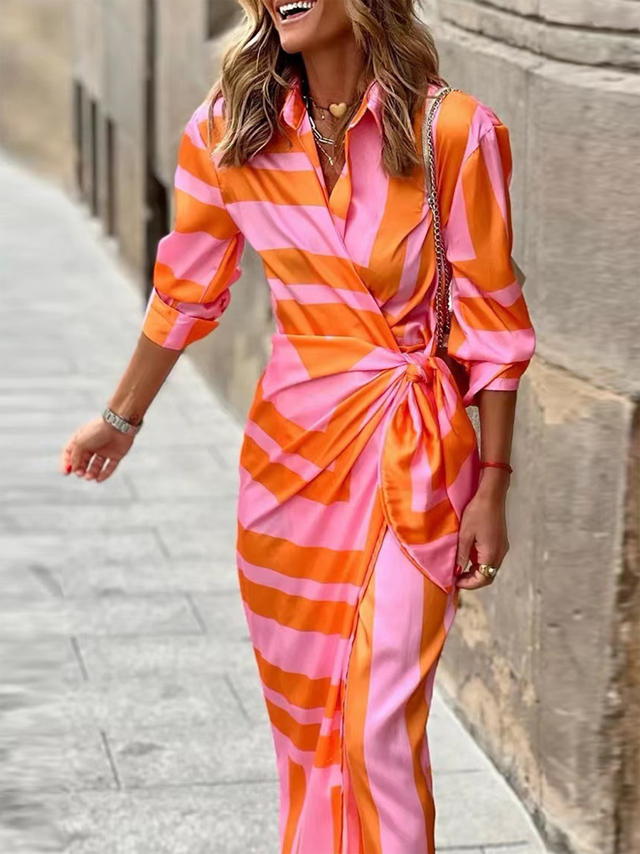 Veleaee Fashion Print Split Joint Turndown Collar Shirt Dress Dresses(3 colors)