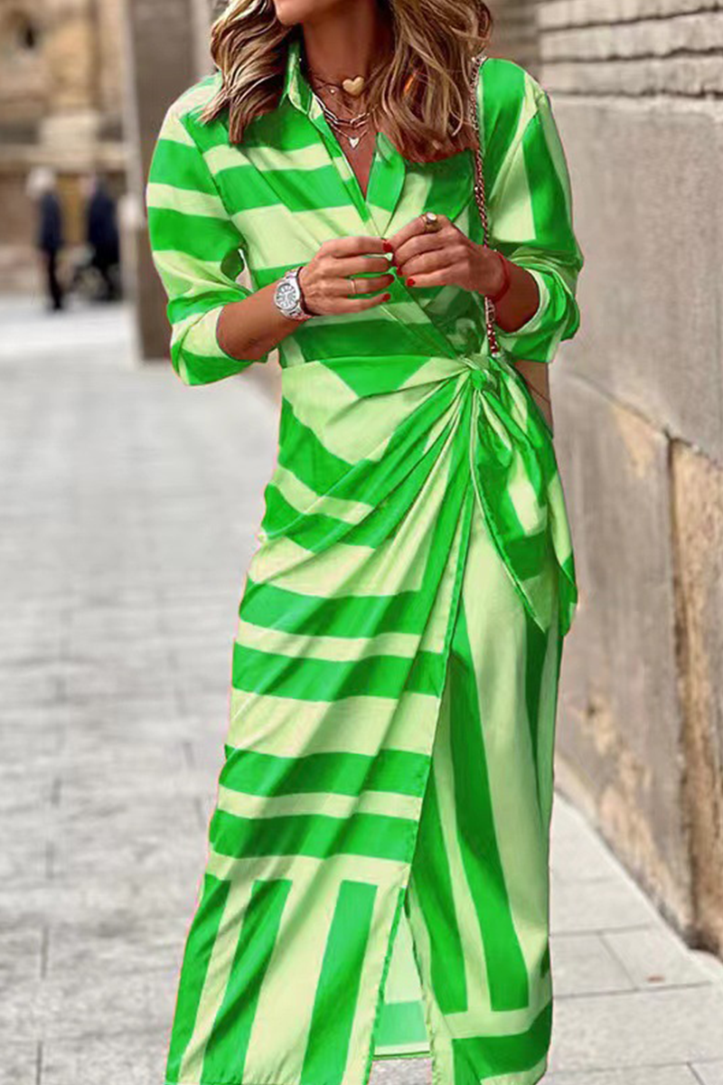 Veleaee Fashion Print Split Joint Turndown Collar Shirt Dress Dresses(3 colors)