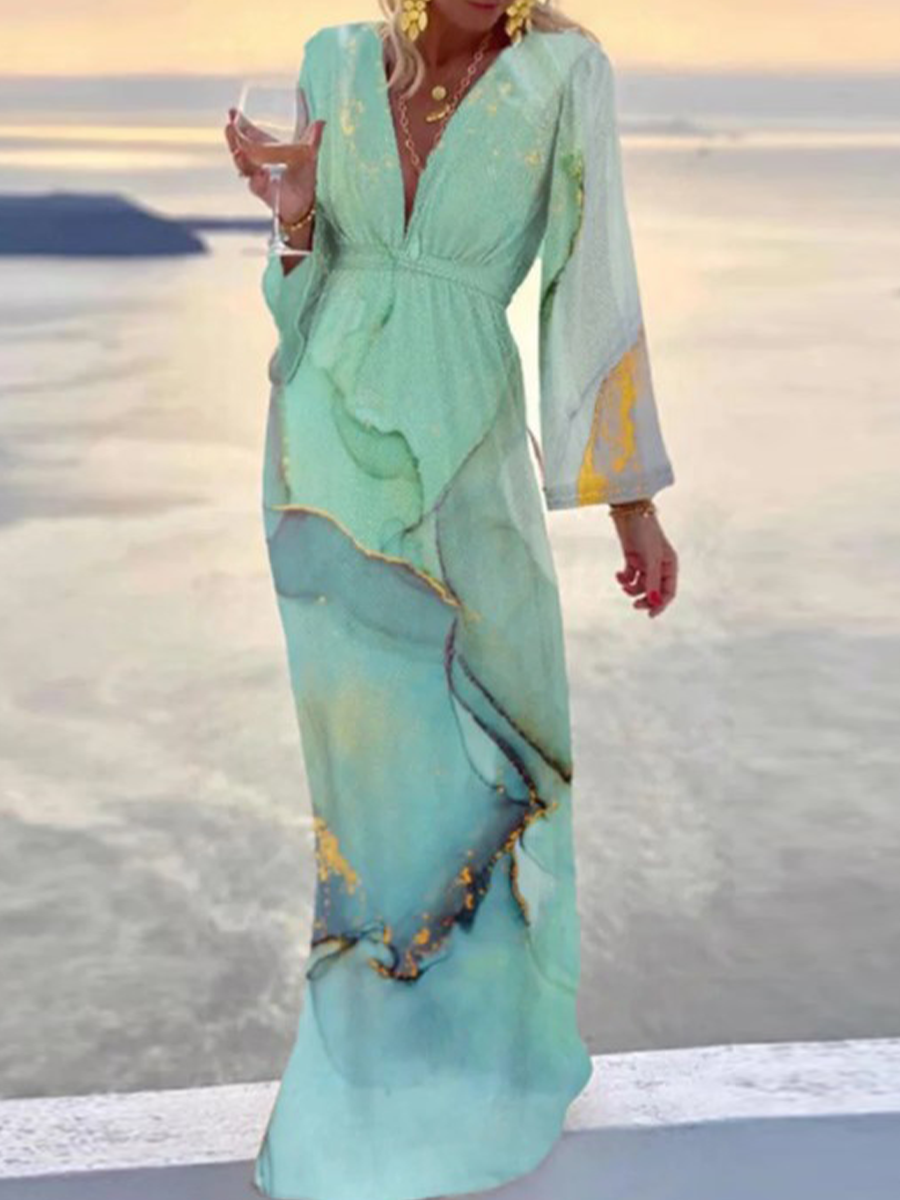 Veleaee Casual Print Patchwork V Neck Printed Dress Dresses