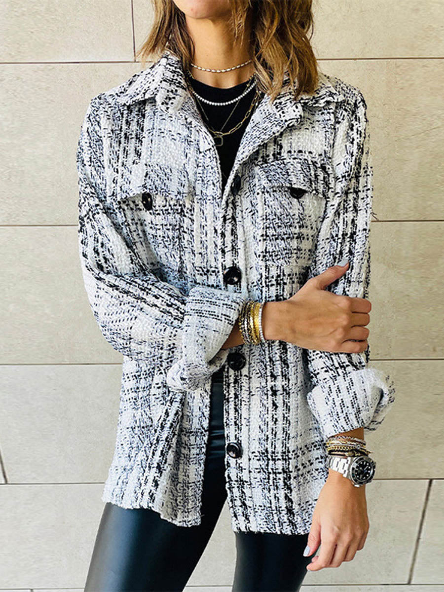 Veleaee Elegant Plaid Buttons Turndown Collar Outerwear