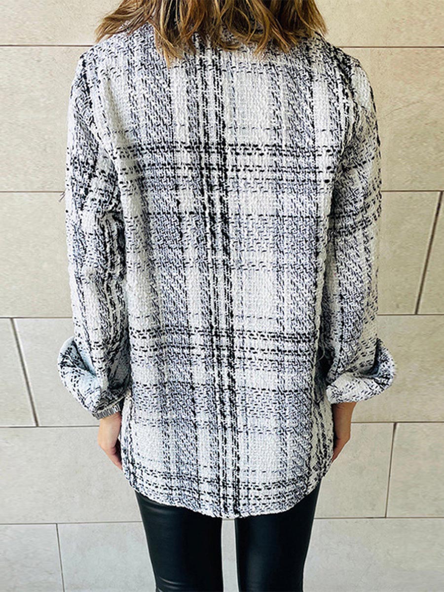 Veleaee Elegant Plaid Buttons Turndown Collar Outerwear