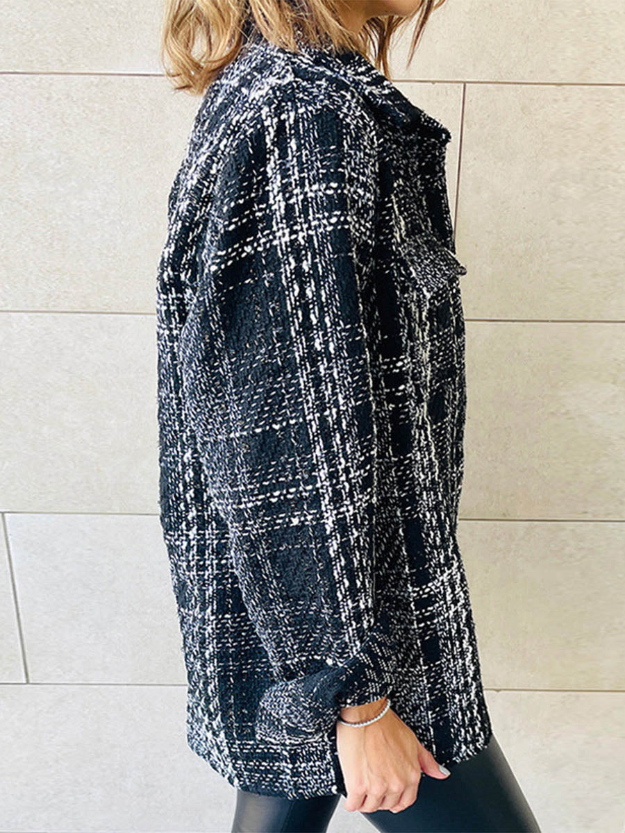 Veleaee Elegant Plaid Buttons Turndown Collar Outerwear