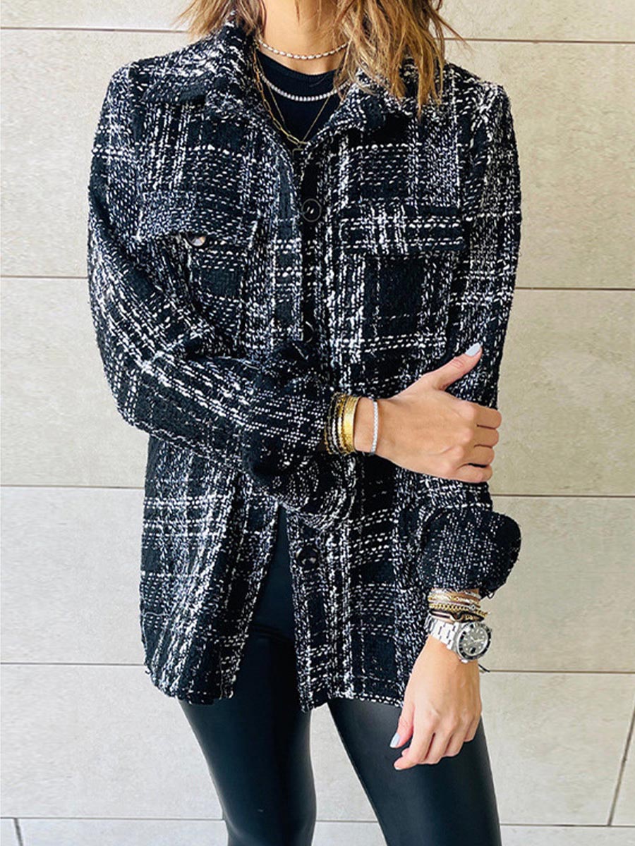 Veleaee Elegant Plaid Buttons Turndown Collar Outerwear