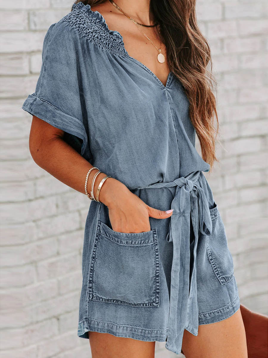Veleaee Street Solid Make Old V Neck Short Sleeve High Waist Loose Denim Jumpsuits