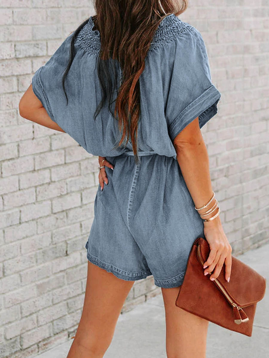 Veleaee Street Solid Make Old V Neck Short Sleeve High Waist Loose Denim Jumpsuits