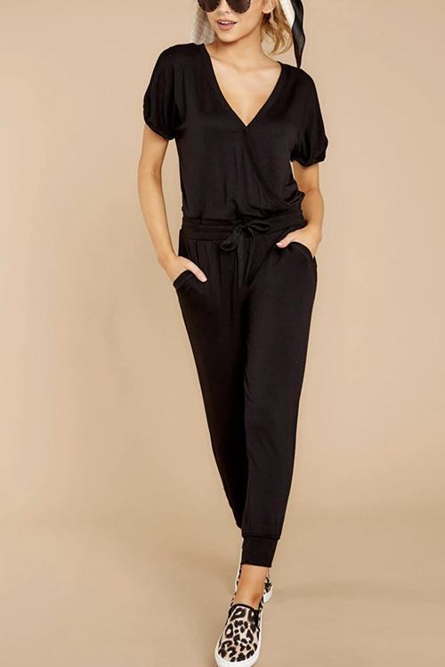 Veleaee V Neck Short Sleeve Tie Waist Solid Jumpsuit