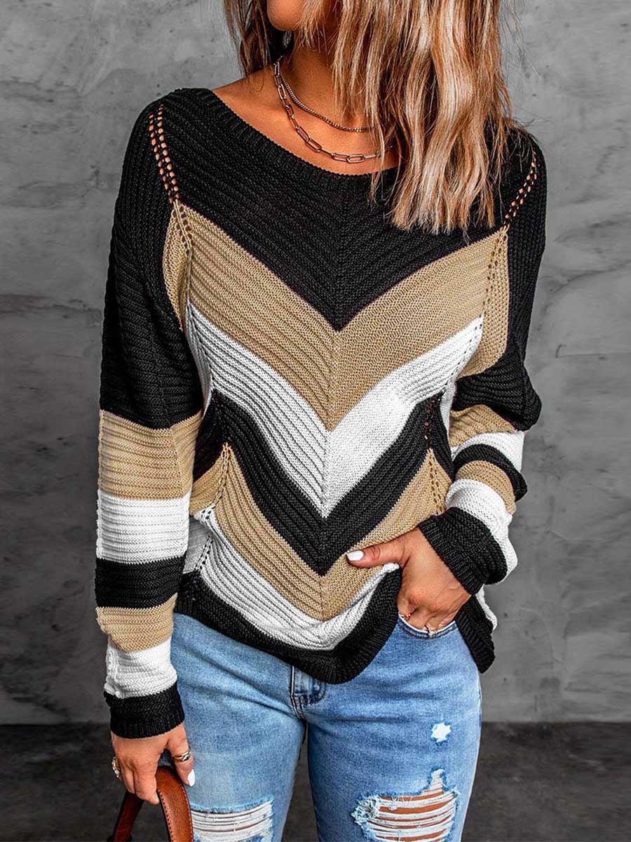 Veleaee Casual Sweet Geometric Patchwork O Neck Sweaters(7 Colors)