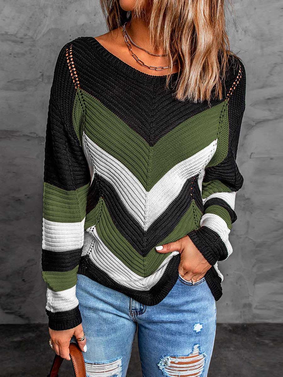Veleaee Casual Sweet Geometric Patchwork O Neck Sweaters(7 Colors)
