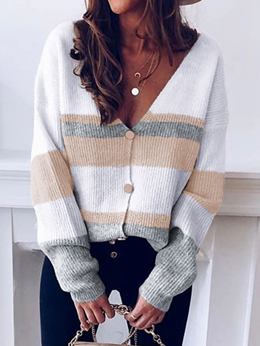 Veleaee Casual Striped Patchwork V Neck Cardigans(4 Colors)