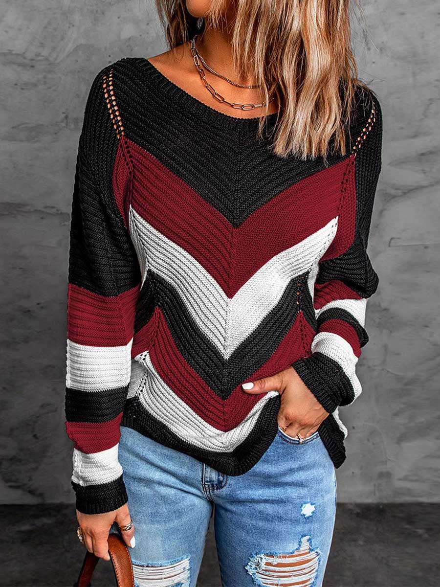 Veleaee Casual Sweet Geometric Patchwork O Neck Sweaters(7 Colors)