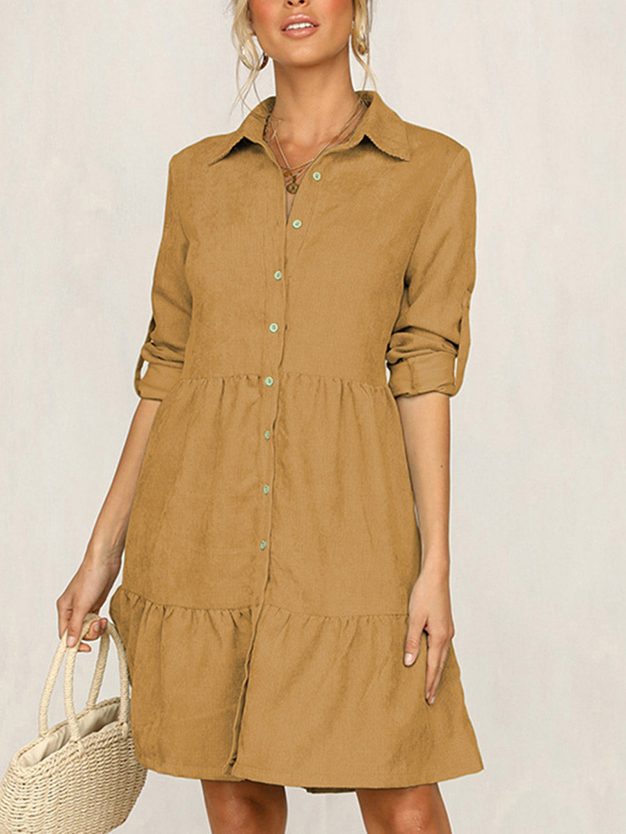 Veleaee Rolled Up Sleeve Button Down Ruffle Dress