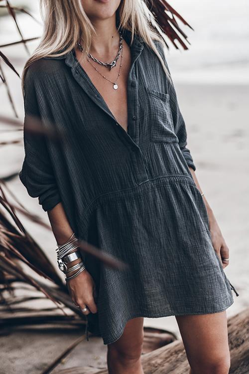 Veleaee Button Pockets Drawstring Waist Dress