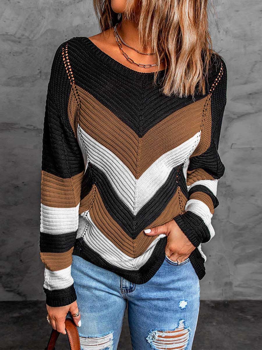 Veleaee Casual Sweet Geometric Patchwork O Neck Sweaters(7 Colors)