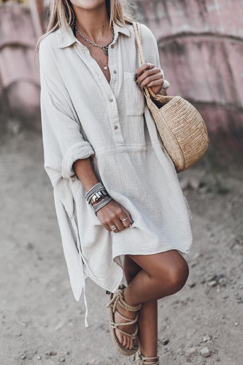 Veleaee Button Pockets Drawstring Waist Dress