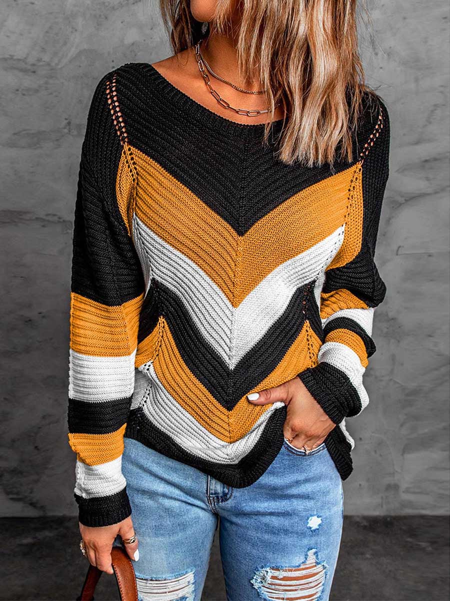Veleaee Casual Sweet Geometric Patchwork O Neck Sweaters(7 Colors)